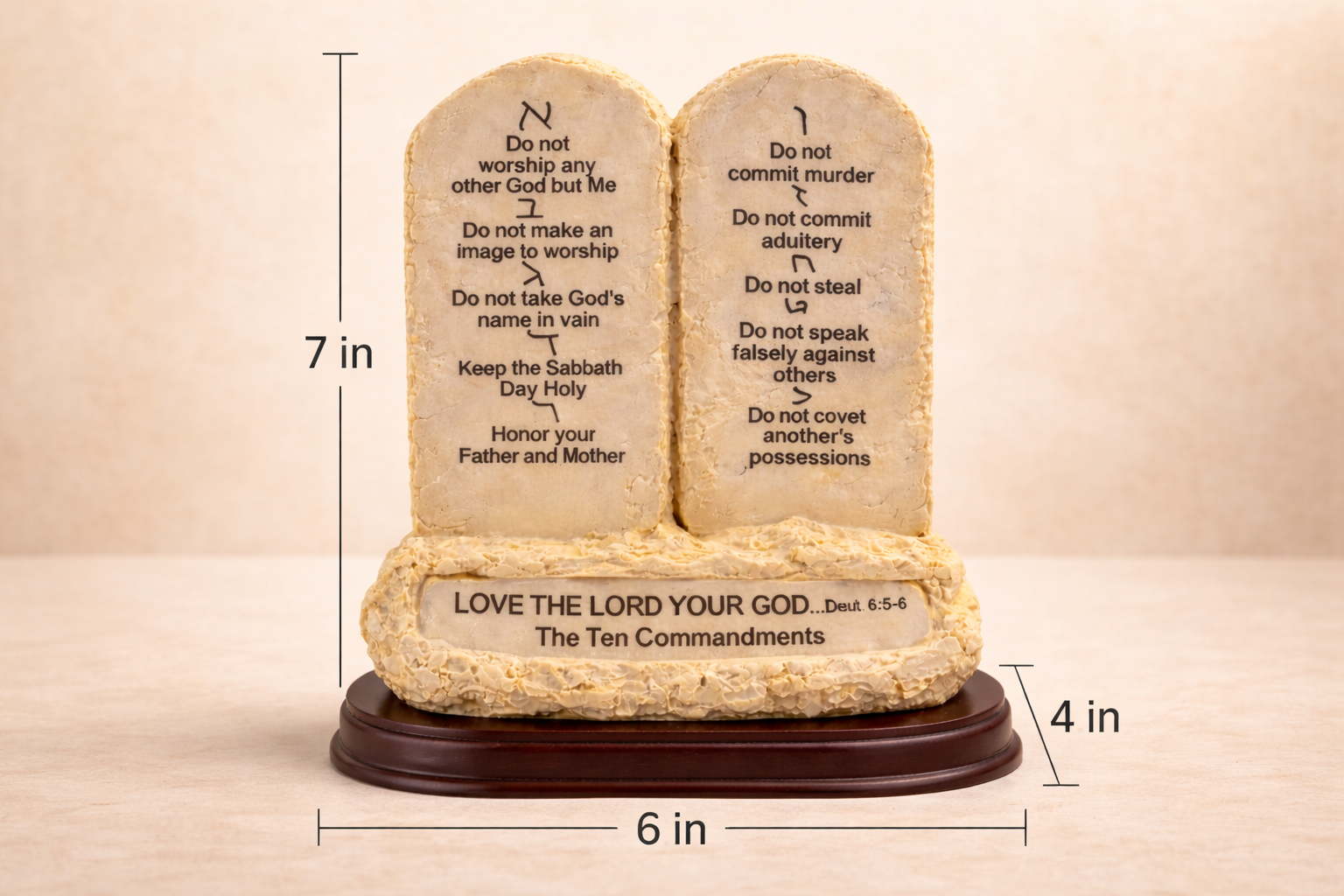 Ten Commandments Tabletop Decor – Stone Tablet Replica Statue with Scripture on Wooden Base, 7" Biblical Home & Office Décor - Image 2