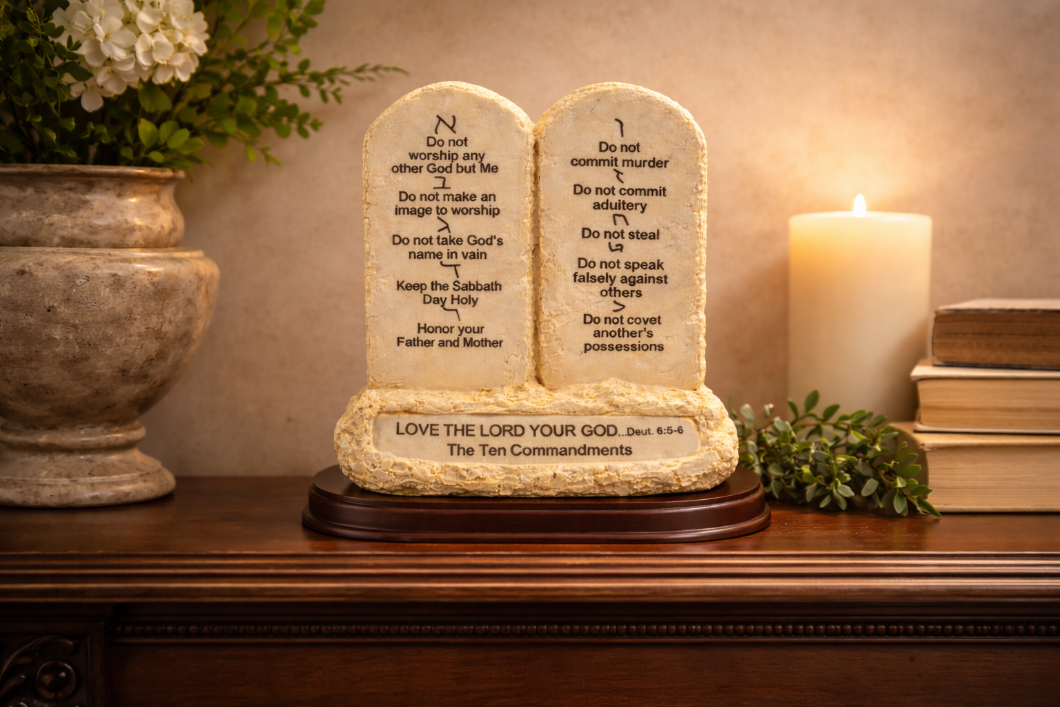Ten Commandments Tabletop Decor – Stone Tablet Replica Statue with Scripture on Wooden Base, 7" Biblical Home & Office Décor - Image 6