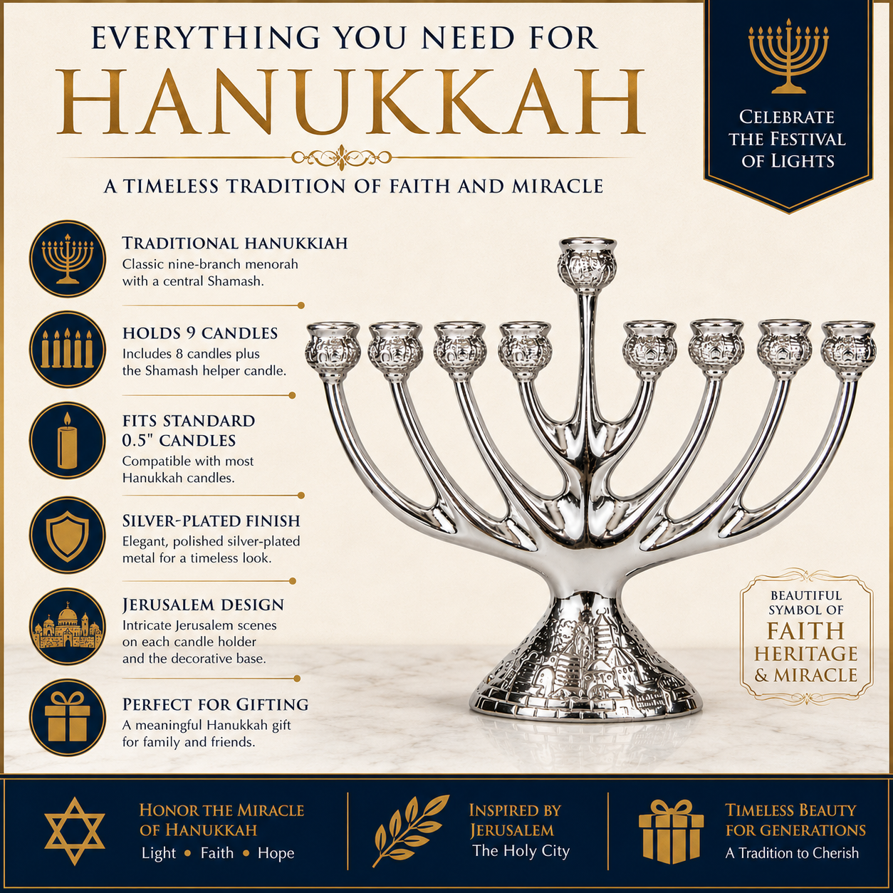 Silver-Plated Hanukkah Menorah – 9 Branch Jerusalem Hanukkiah with Holy City Design, Metal Candle Holder for Hanukkah, 7" x 9" - Image 5