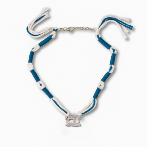 Adjustable Jewish Tzitzit Shema Necklace featuring Blue Techelet thread, traditional 13-11-8-7 winding pattern, inspired by Deuteronomy 6:4 and Numbers 15:38 with an adjustable 16 to 20 inch chain.