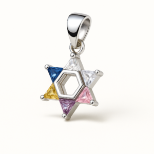 925 Sterling Silver Star of David Necklace with Multicolor CZ Stones 925 Sterling Silver Star of David Necklace with multicolor CZ stones, available in 8 color variations with 18-inch chain