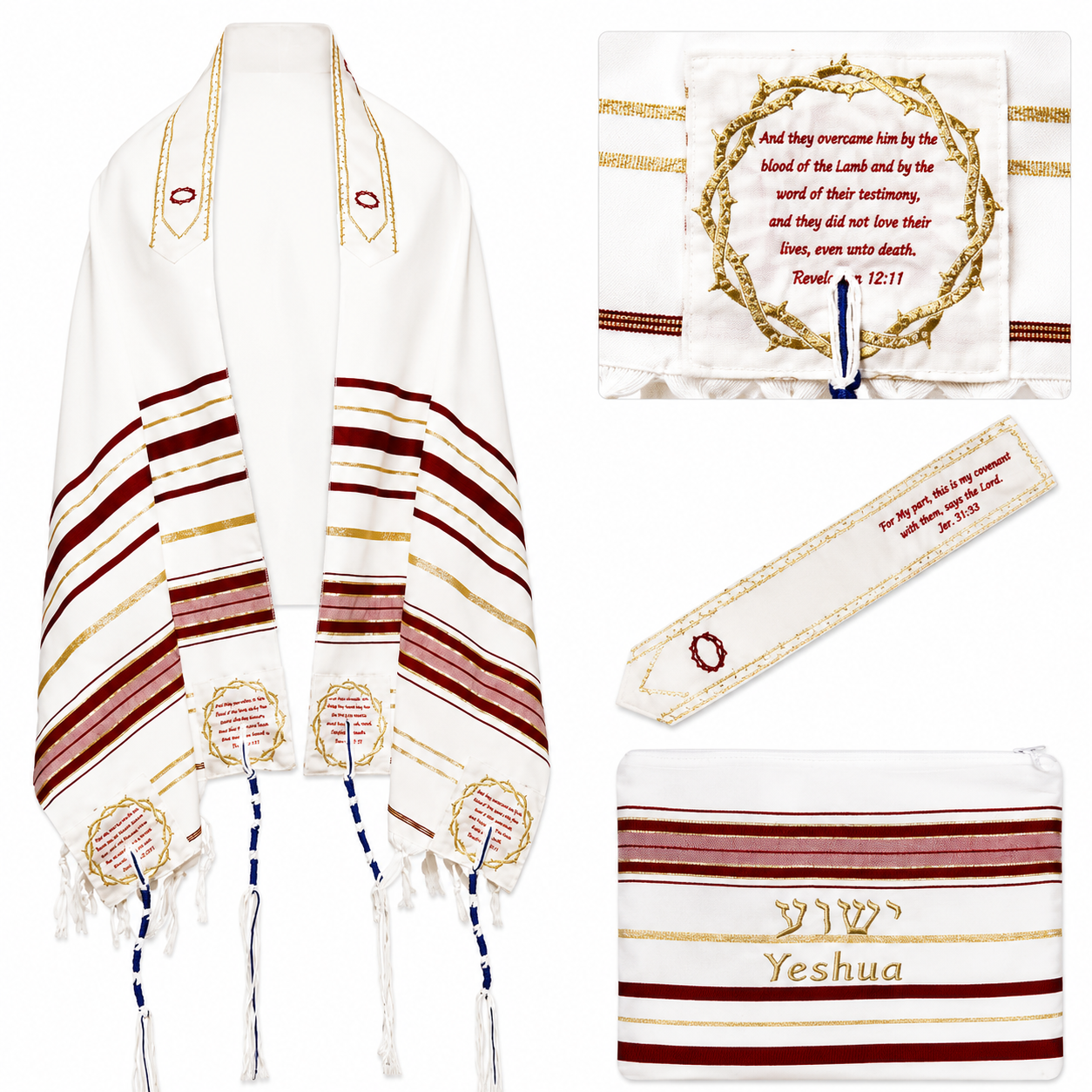 Detailed collage showing the Blood of Yeshua Prayer Shawl, scripture corners, crown of thorns collar, matching Yeshua bag, and Messianic worship design.