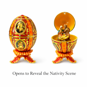 Christian Faberge Egg Replica with hand-painted enamel, rhinestones, magnetic closure, and Holy Family figurine inside
