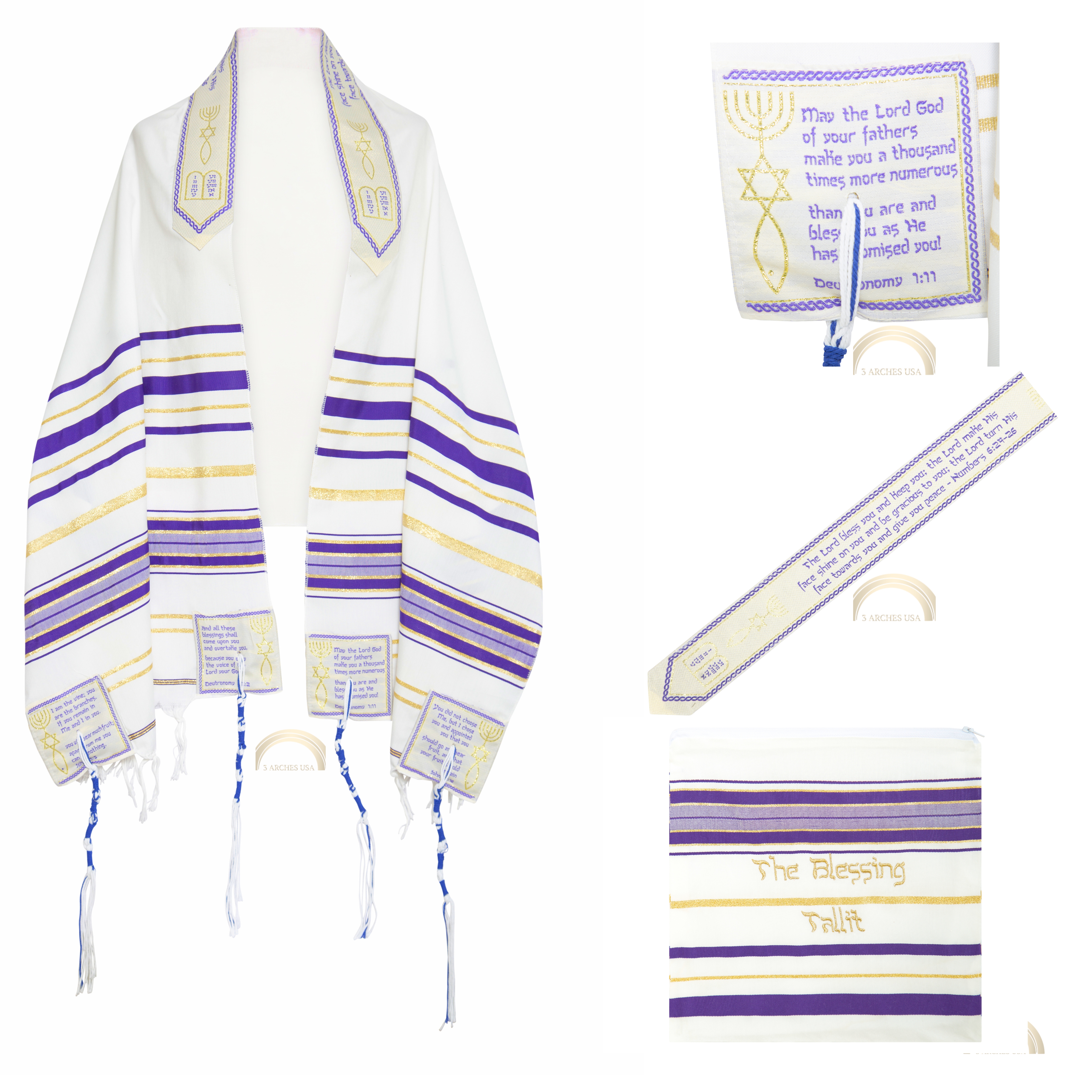 The Blessing Tallit purple prayer shawl with scripture corner close-up, Aaronic Blessing collar detail, matching bag, and complete product overview.