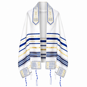 Front view of The Blessing Navy Blue Messianic Prayer Shawl featuring Aaronic Blessing collar, Messianic symbols, Scripture corners, navy blue stripes, and traditional tassels.