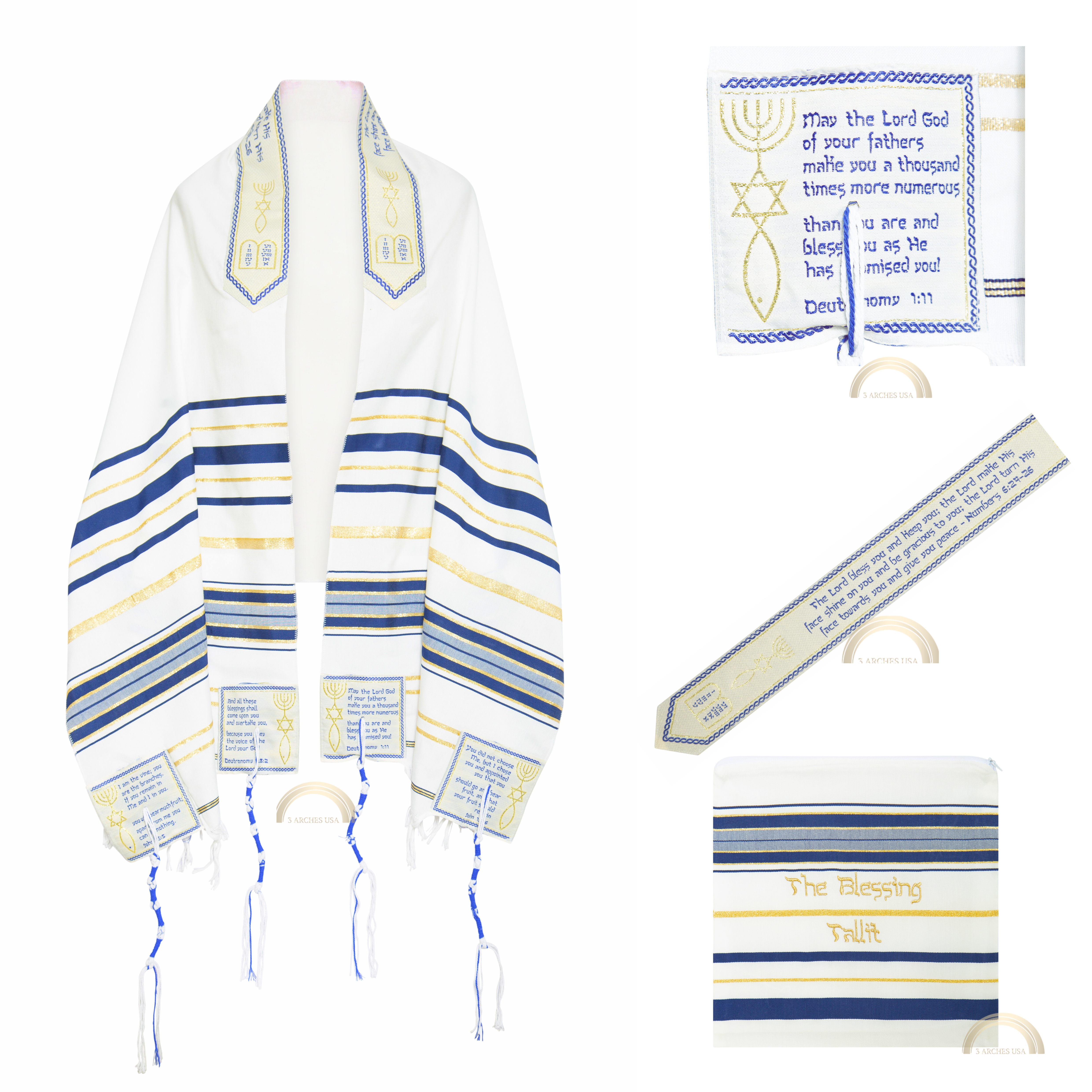 Complete product display of The Blessing Navy Blue Messianic Prayer Shawl showing the tallit, matching carrying bag, Aaronic Blessing collar, Scripture panels, and tassels.