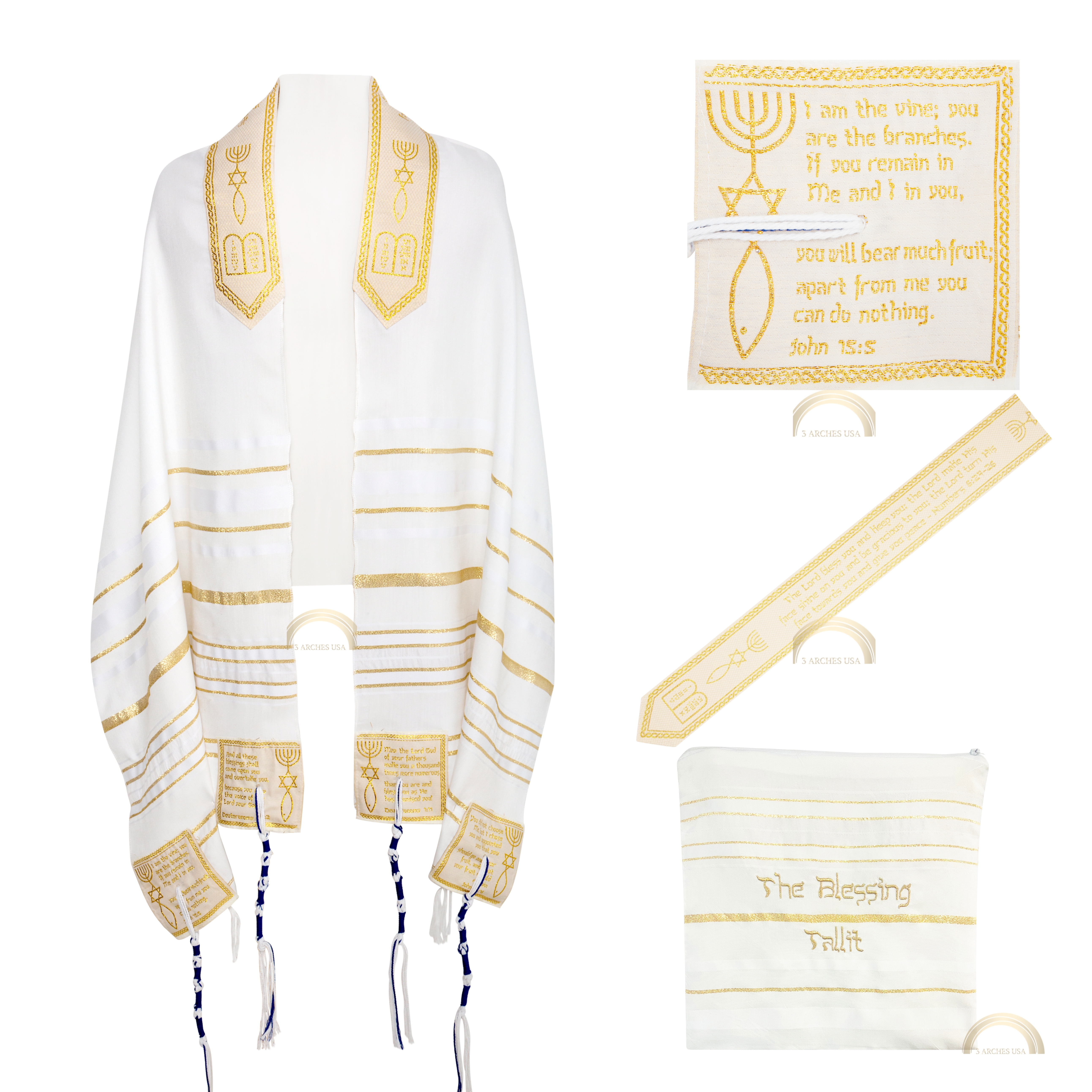 Complete set of The Blessing Tallit gold and white Messianic prayer shawl including scripture corners, Aaronic Blessing collar, matching bag, and informational brochure.