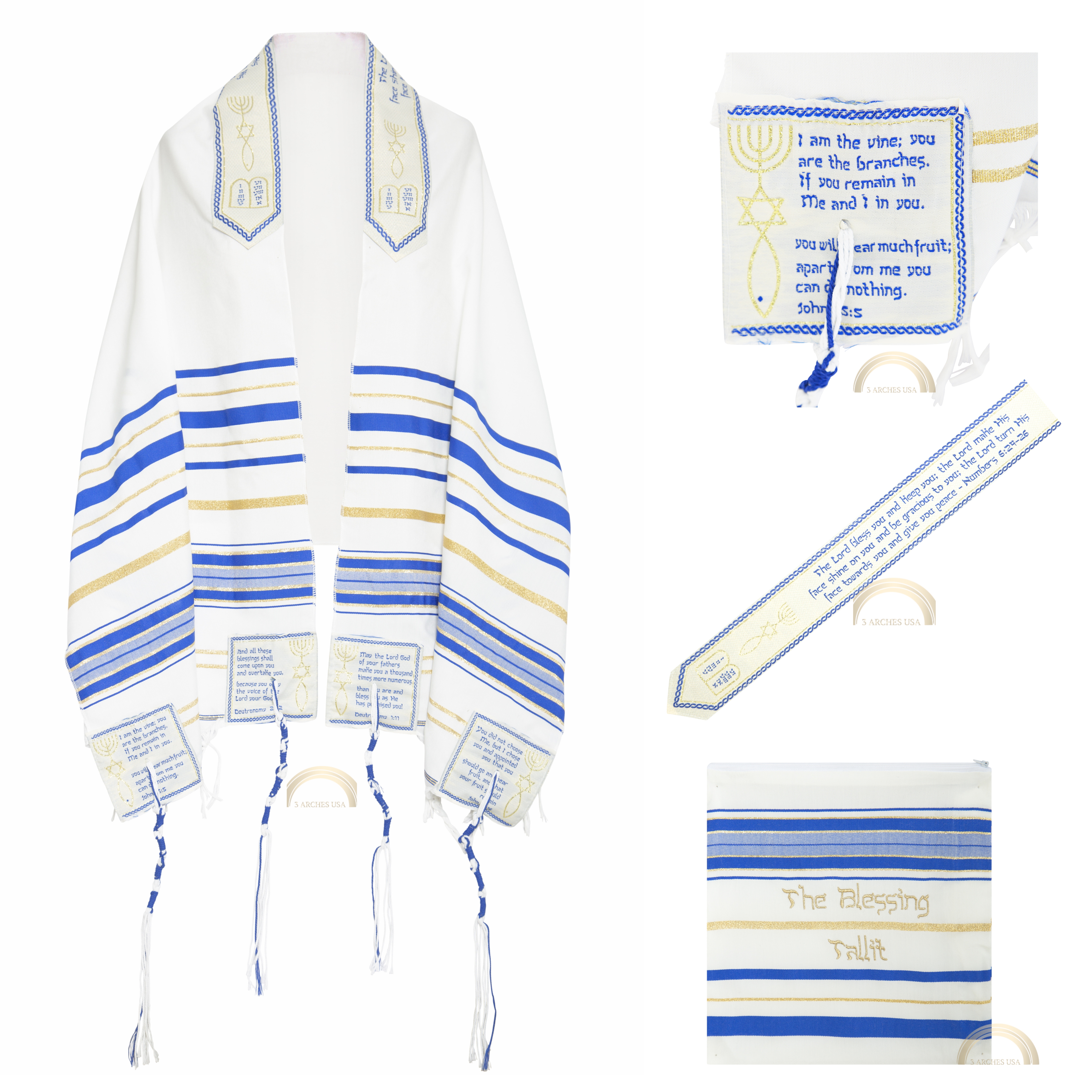 Complete set of The Blessing Royal Blue Prayer Shawl including matching carrying bag, Scripture corner panels, Aaronic Blessing collar, and Messianic symbols.