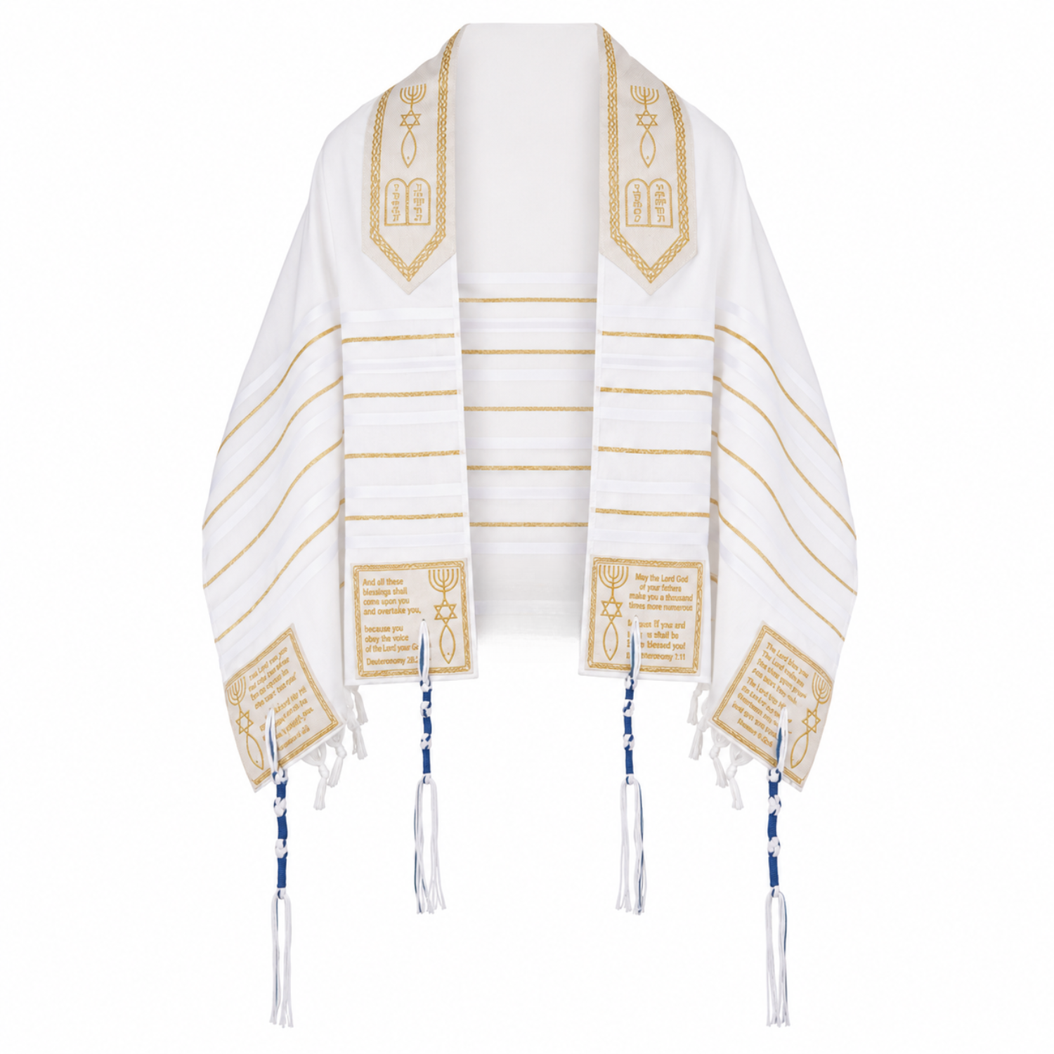 Front view of children's gold and white Christian prayer shawl with Aaronic Blessing, Messianic symbols, Bible scriptures and tassels.