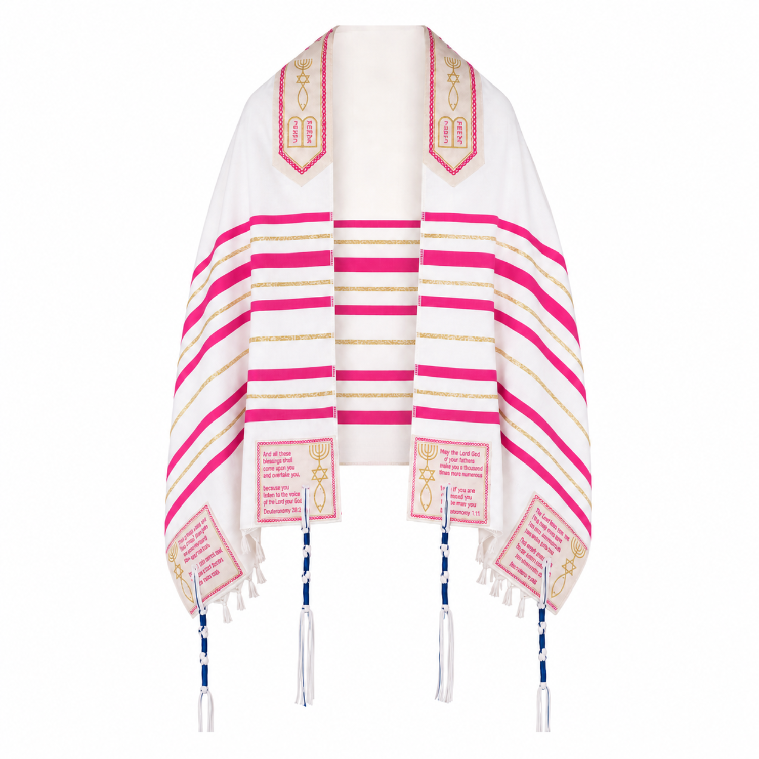 Pink Children's Tallit prayer shawl with Messianic symbols, scriptures and blue-white tzitzit
