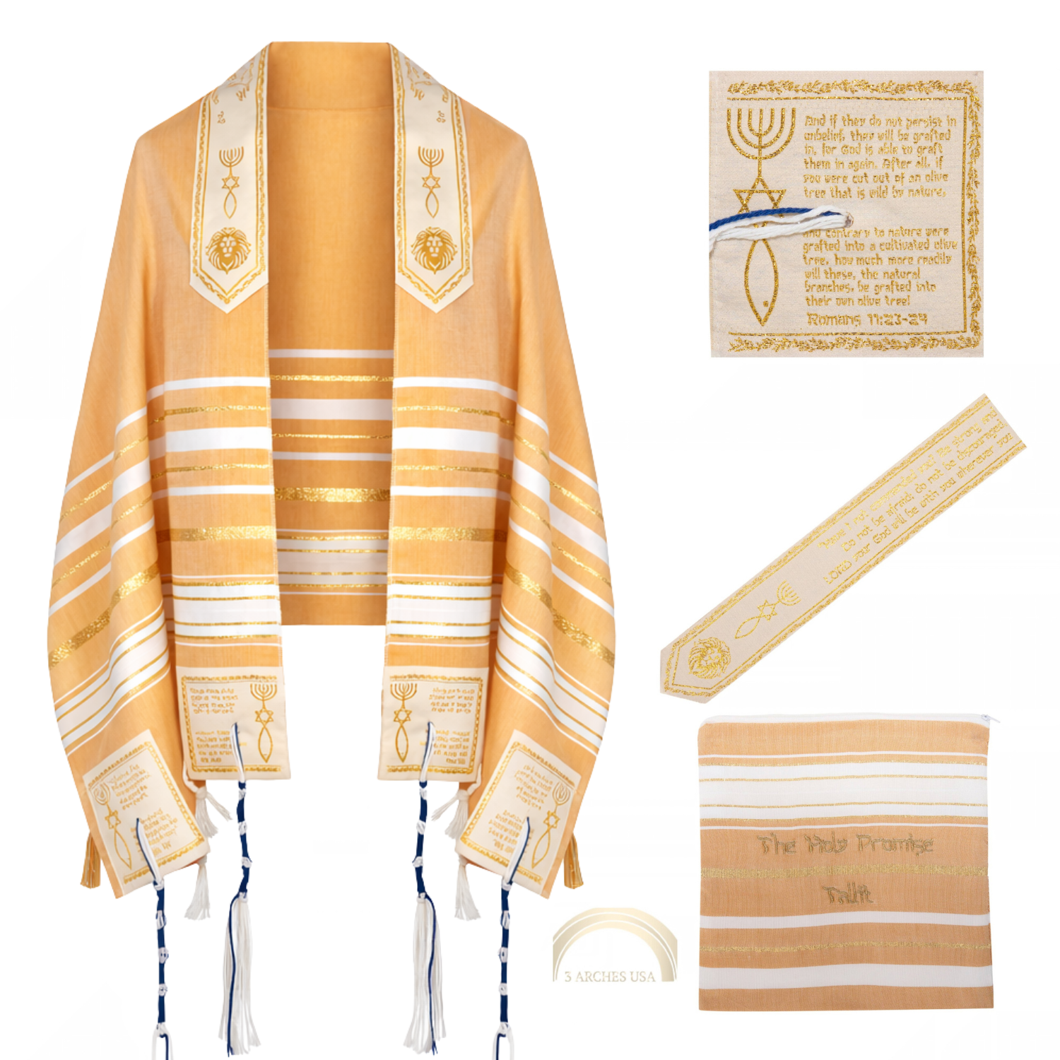 Gold and beige Messianic Prayer Shawl with biblical verses