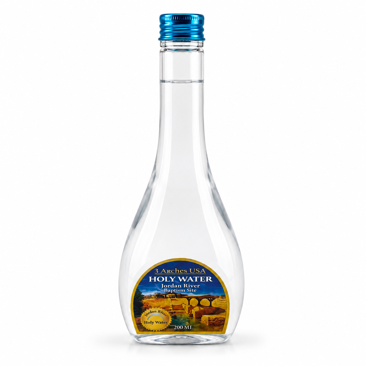 Authentic Jordan River Holy Water from Israel in a 200ml decorative bottle with blue cap for baptisms, blessings, prayer, and Christian devotion.